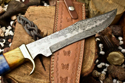 14.5" Handmade Damascus Steel Bowie Knife | Camel Bone Handle