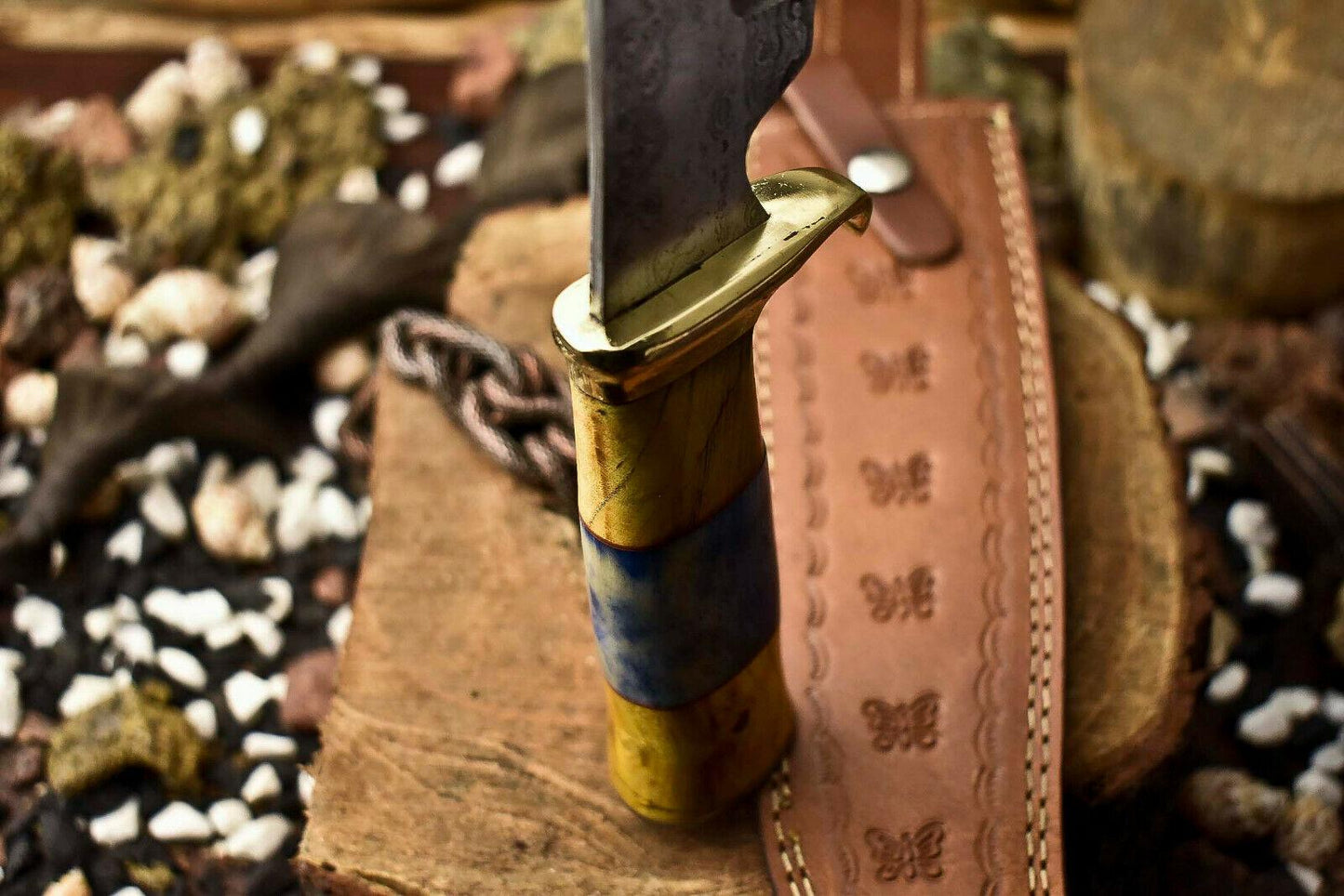 14.5" Handmade Damascus Steel Bowie Knife | Camel Bone Handle