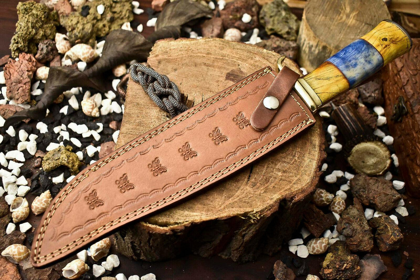 14.5" Handmade Damascus Steel Bowie Knife | Camel Bone Handle