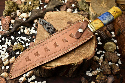 14.5" Handmade Damascus Steel Bowie Knife | Camel Bone Handle