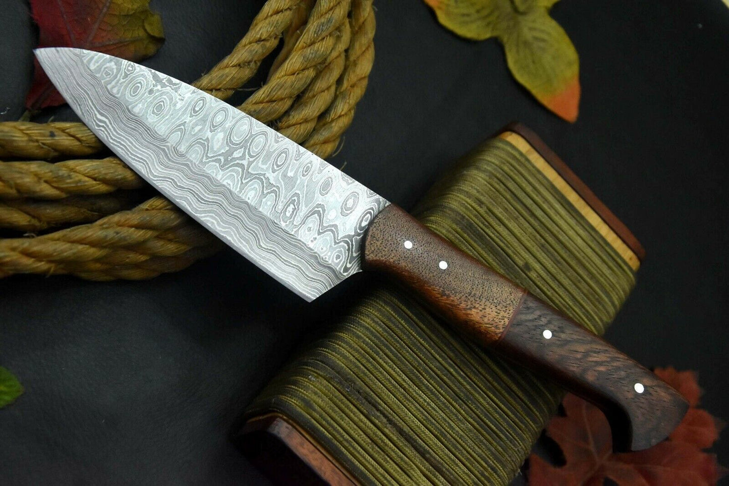 Custom 9.5" OAL Handmade Damascus Steel Chef Knife with Walnut Handle – Raindrop Pattern Blade