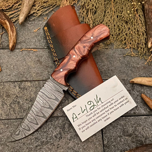 Heritage Forge 8 Inch Handmade Damascus Steel Skinner Knife with Resin Handle and Leather Sheath