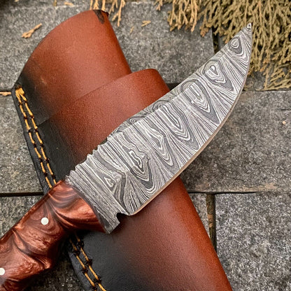 Heritage Forge 8 Inch Handmade Damascus Steel Skinner Knife with Resin Handle and Leather Sheath