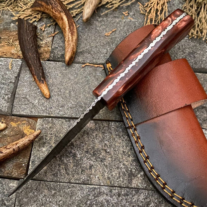 Heritage Forge 8 Inch Handmade Damascus Steel Skinner Knife with Resin Handle and Leather Sheath