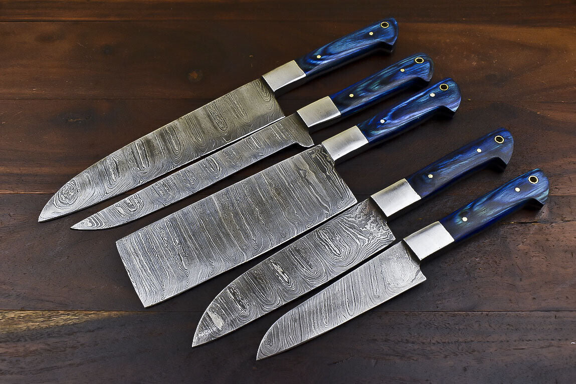 Damascus Steel Kitchen Knife Set – 5 Piece Fixed Blade Chef Knives with Hardwood Handles