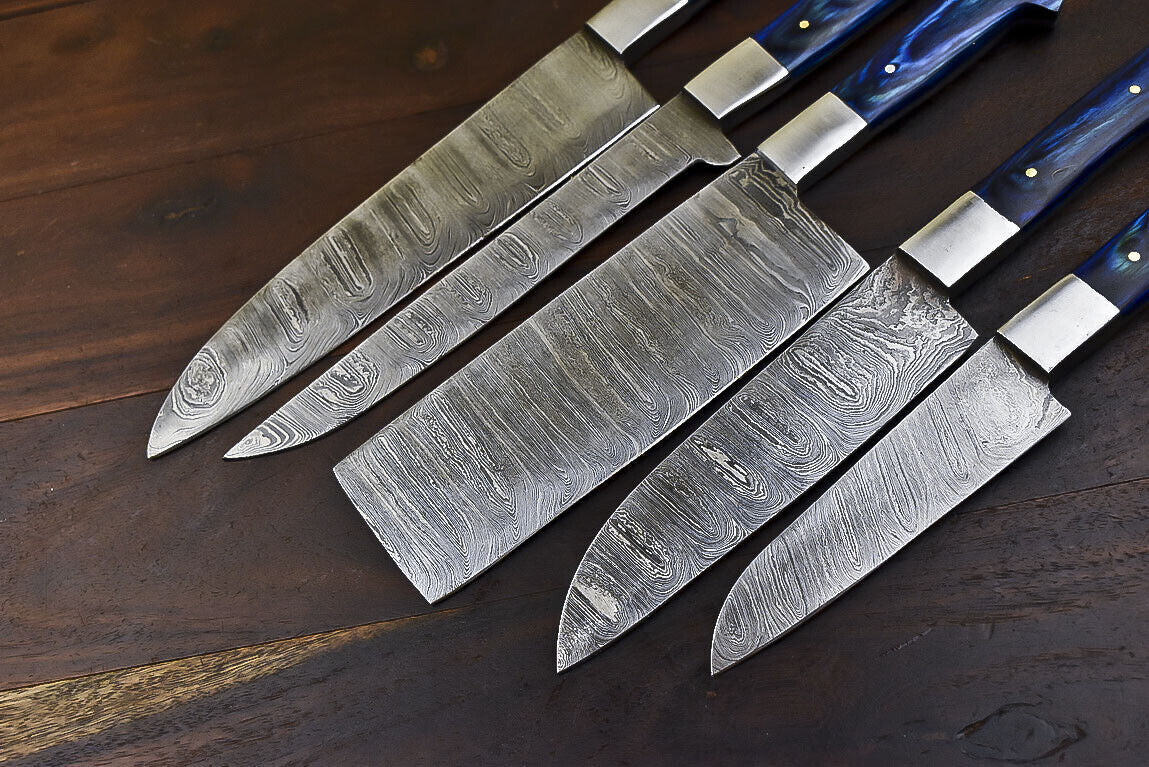 Damascus Steel Kitchen Knife Set – 5 Piece Fixed Blade Chef Knives with Hardwood Handles