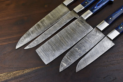 Damascus Steel Kitchen Knife Set – 5 Piece Fixed Blade Chef Knives with Hardwood Handles