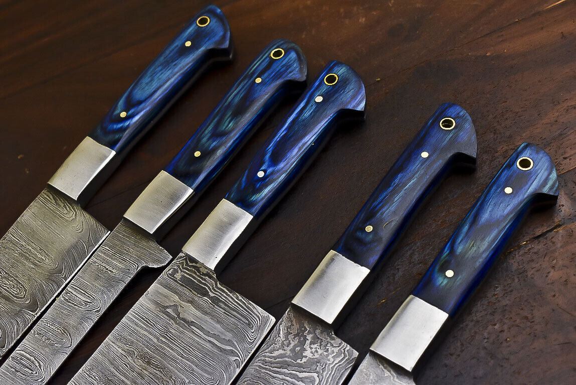 Damascus Steel Kitchen Knife Set – 5 Piece Fixed Blade Chef Knives with Hardwood Handles
