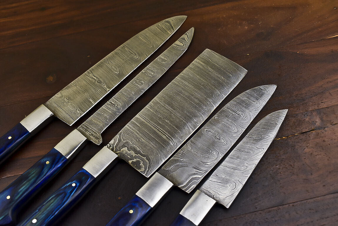 Damascus Steel Kitchen Knife Set – 5 Piece Fixed Blade Chef Knives with Hardwood Handles