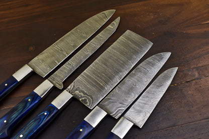 Damascus Steel Kitchen Knife Set – 5 Piece Fixed Blade Chef Knives with Hardwood Handles