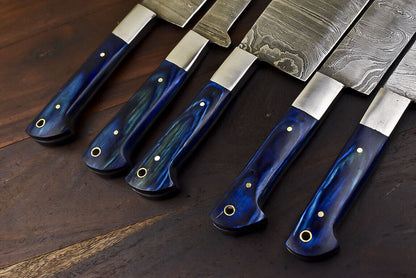 Damascus Steel Kitchen Knife Set – 5 Piece Fixed Blade Chef Knives with Hardwood Handles