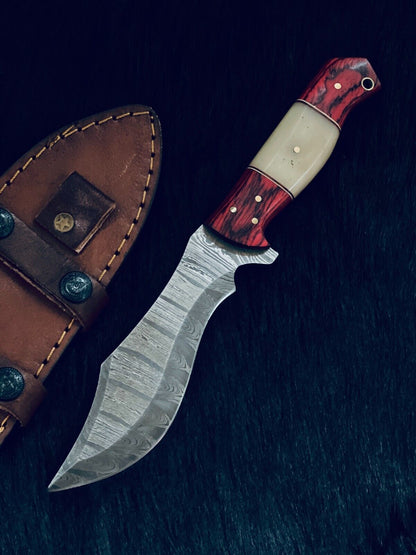 10.5" Fire Damascus Bowie Knife – Camel Bone & Wood Handle