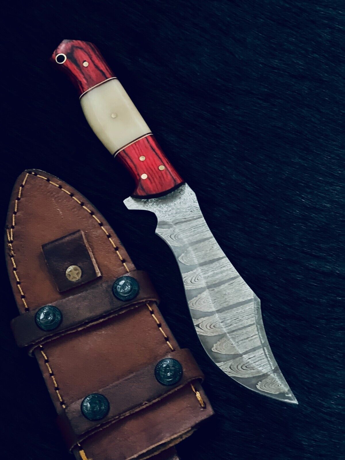 10.5" Fire Damascus Bowie Knife – Camel Bone & Wood Handle