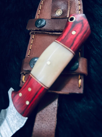 10.5" Fire Damascus Bowie Knife – Camel Bone & Wood Handle
