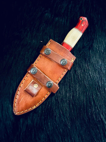 10.5" Fire Damascus Bowie Knife – Camel Bone & Wood Handle