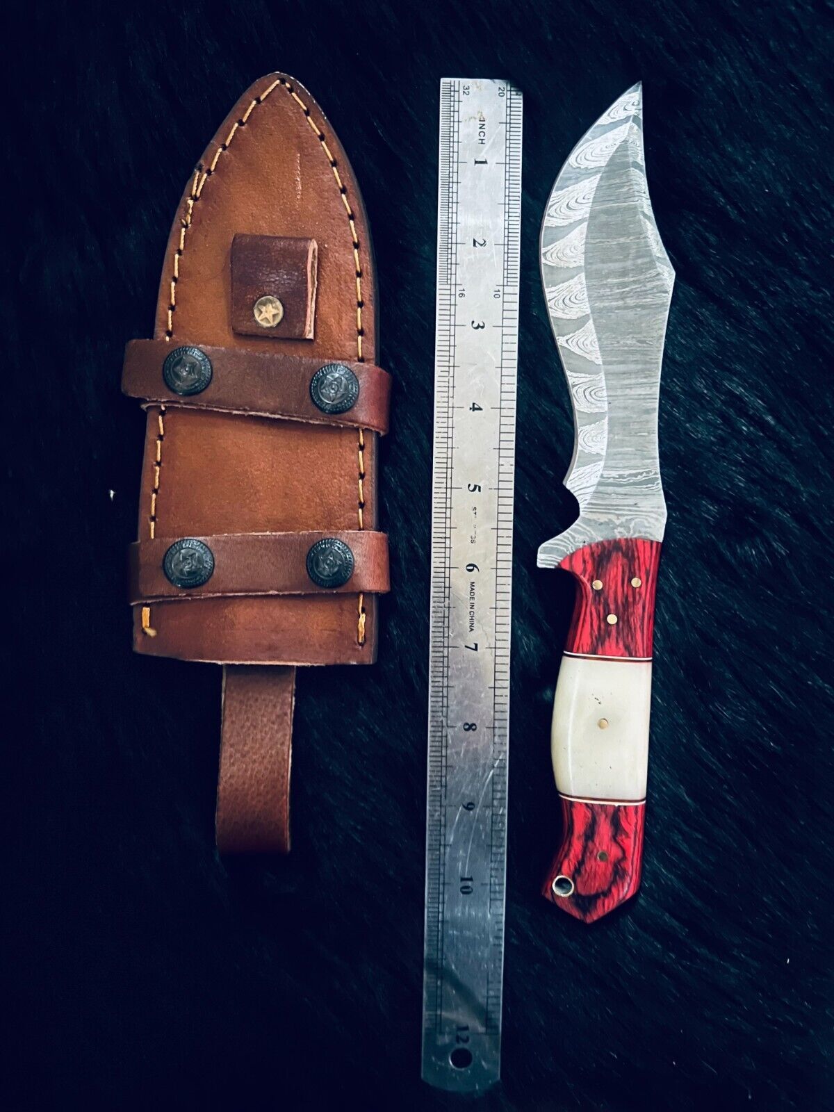 10.5" Fire Damascus Bowie Knife – Camel Bone & Wood Handle