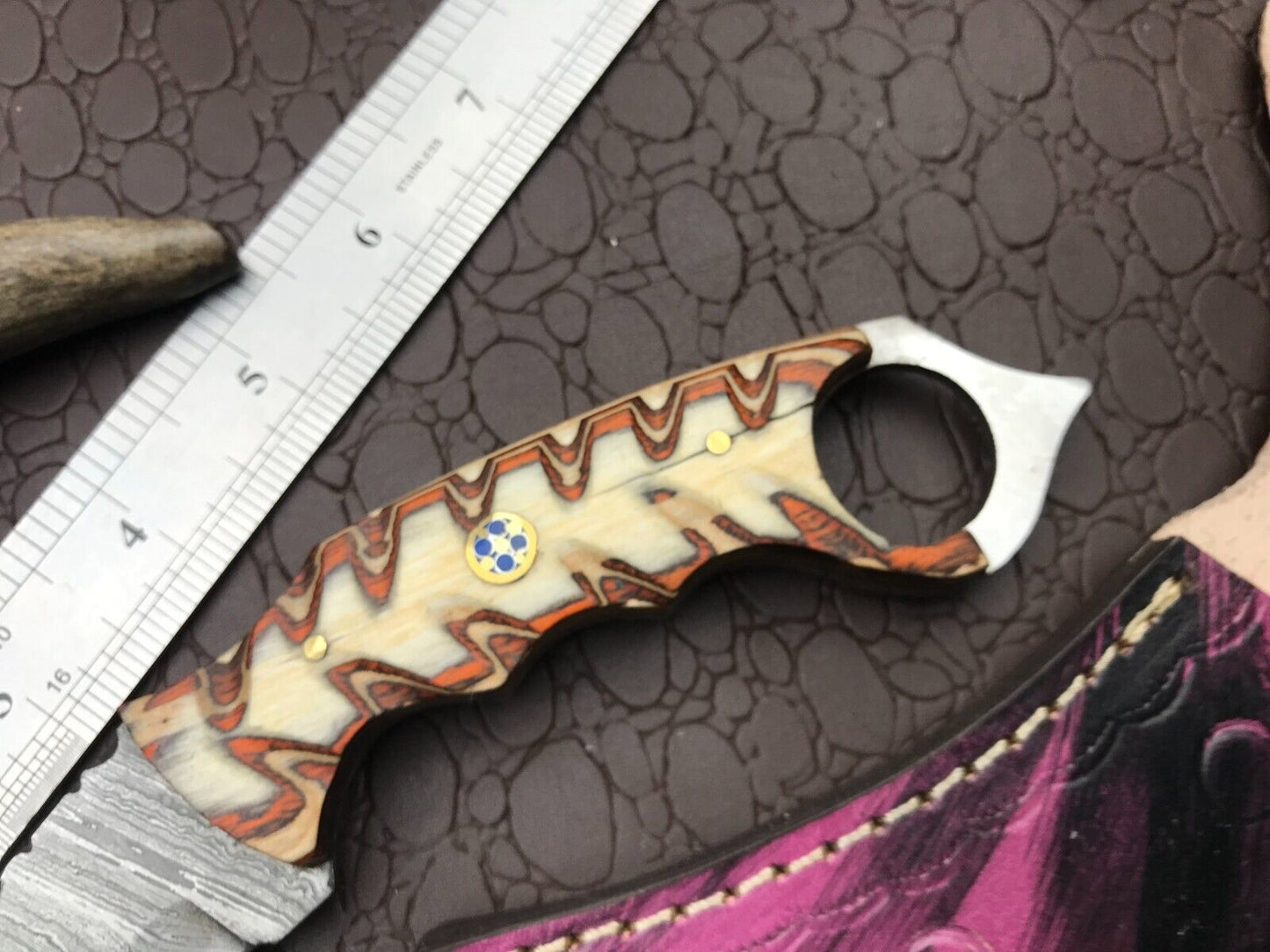 8" Handmade Damascus Karambit Knife Full Tang Damascus Steel Karambit with Wood Handle
