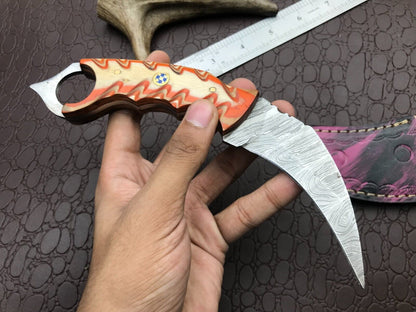 8" Handmade Damascus Karambit Knife Full Tang Damascus Steel Karambit with Wood Handle