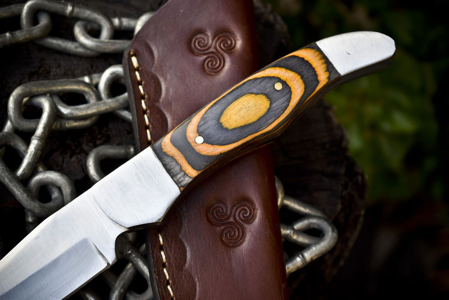 9.5" AUS-8 Steel Skinner Knife with Hard Wood Handle & Steel Bolster Leather Sheath