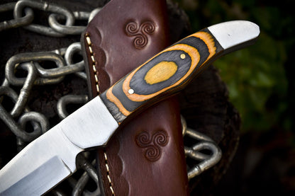 9.5" AUS-8 Steel Skinner Knife with Hard Wood Handle & Steel Bolster Leather Sheath