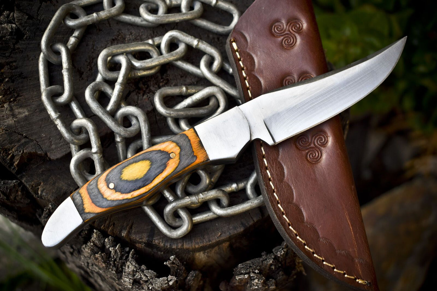 9.5" AUS-8 Steel Skinner Knife with Hard Wood Handle & Steel Bolster Leather Sheath