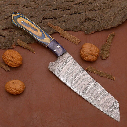Custom Handmade Full Tang Damascus Steel Chef Kitchen Knife with Wood Handle & Leather Sheath