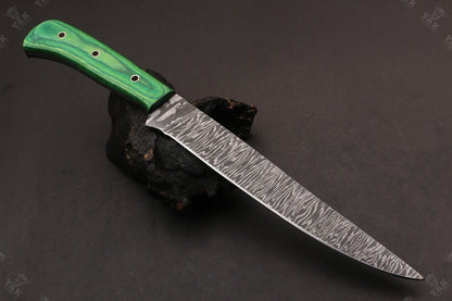 13.5" Handmade Fire Damascus Steel Fillet Knife  Damascus Fillet Knife For Kitchen Use W/Sheath