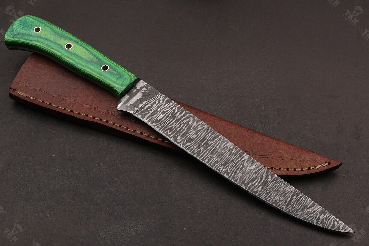 13.5" Handmade Fire Damascus Steel Fillet Knife  Damascus Fillet Knife For Kitchen Use W/Sheath