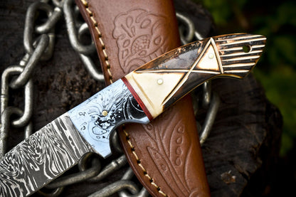 Hot Seller Twist Damascus Skinner Knife with Bone Handle – Handmade Hunting Knife