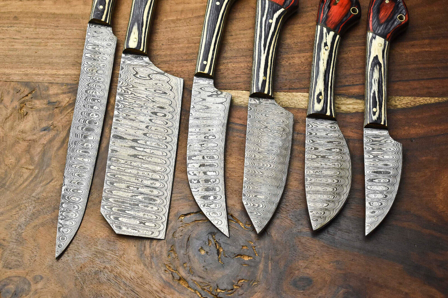Premium Lot of 6 Handmade Damascus Steel Chef Knives with 384-Layer Forged Blades