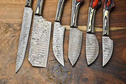 Premium Lot of 6 Handmade Damascus Steel Chef Knives with 384-Layer Forged Blades