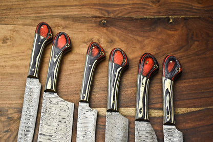 Premium Lot of 6 Handmade Damascus Steel Chef Knives with 384-Layer Forged Blades