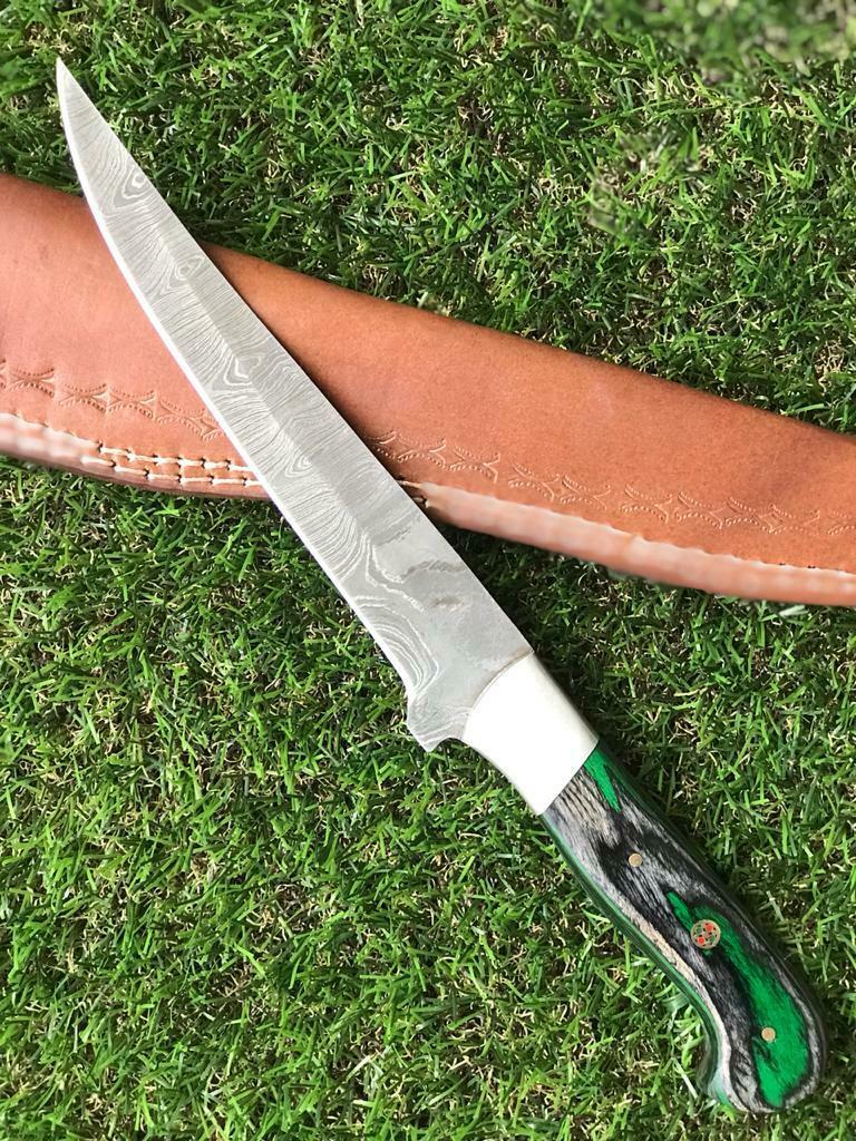 12.5" HANDMADE TWIST DAMASCUS STEEL FILLET KNIFE & Best Fillet Knife W/Sheath