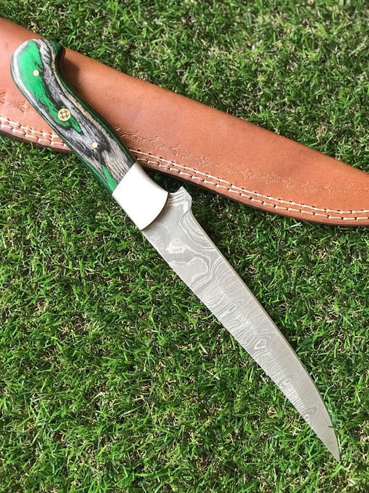 12.5" HANDMADE TWIST DAMASCUS STEEL FILLET KNIFE & Best Fillet Knife W/Sheath