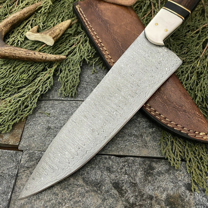 Custom Hand Forged Damascus Steel Hunting Kitchen Chef Knife with Leather Sheath
