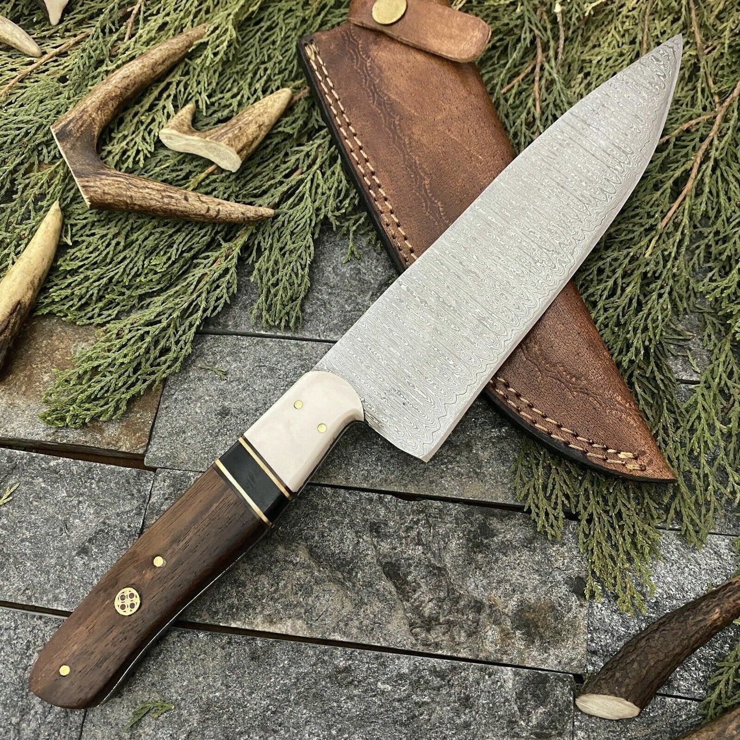 Custom Hand Forged Damascus Steel Hunting Kitchen Chef Knife with Leather Sheath