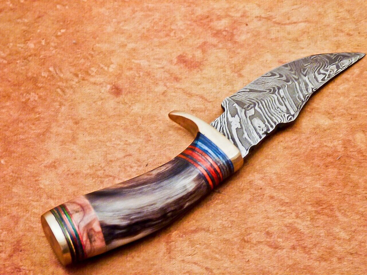 6" Damascus Bowie Knife – Ram Horn & Hardwood Handle