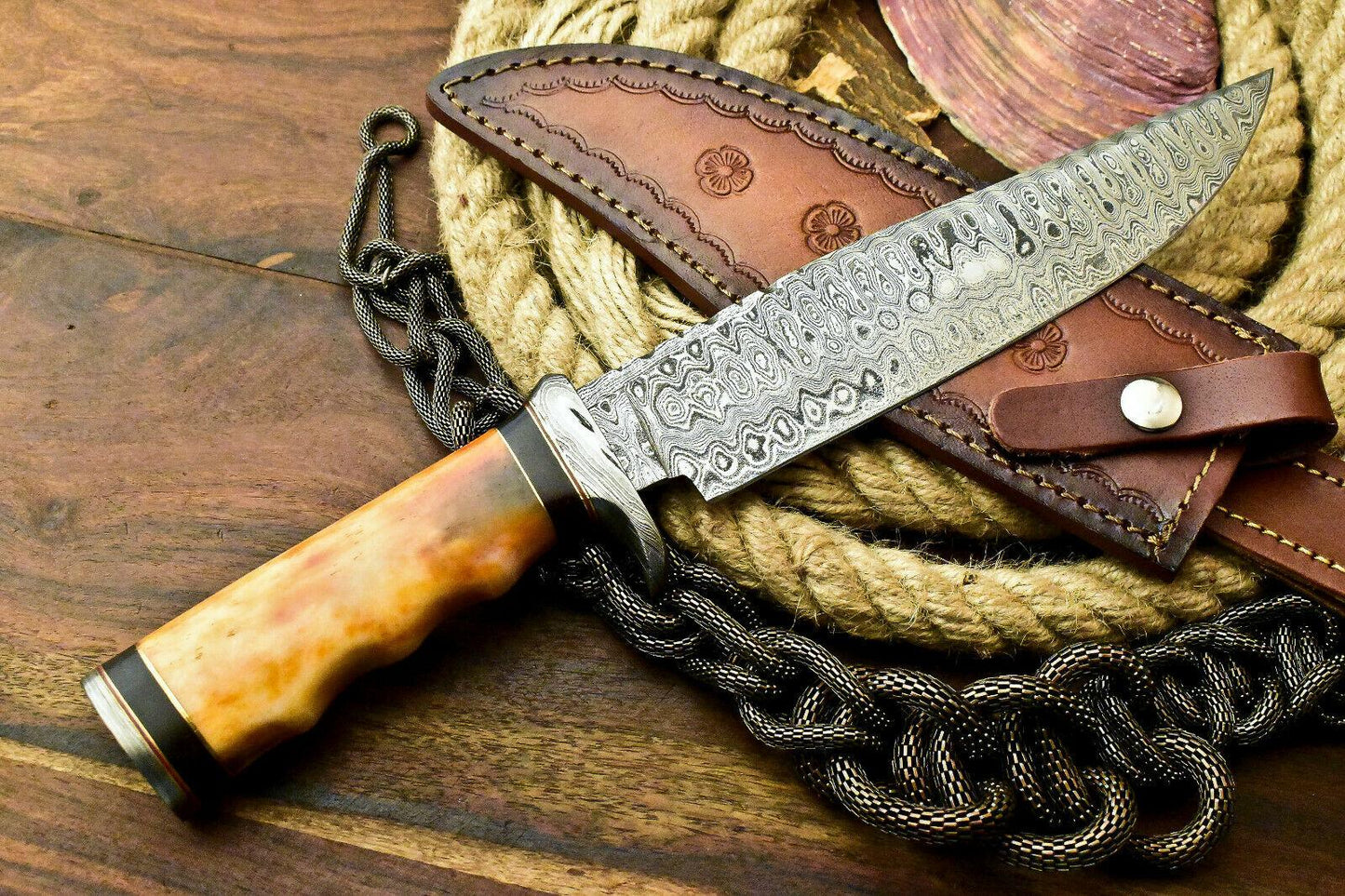 Custom Handmade Damascus Hunting Bowie Knife | Camel Bone Handle, 13" Overall