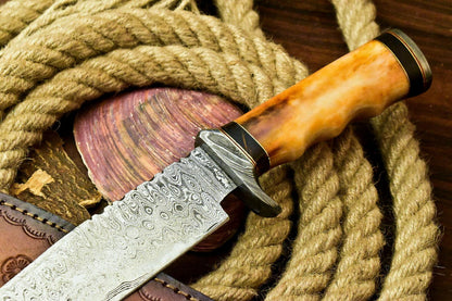 Custom Handmade Damascus Hunting Bowie Knife | Camel Bone Handle, 13" Overall