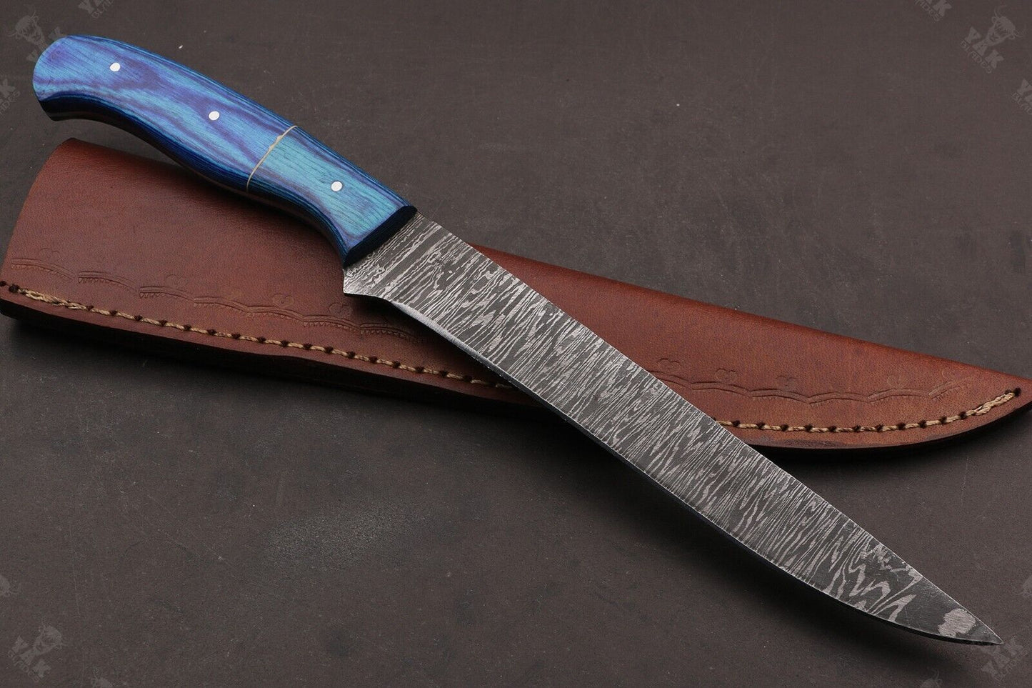 13.5" Custom Hand forged Damascus Steel Fillet Knife Best Fillet Knife With Leather Sheath