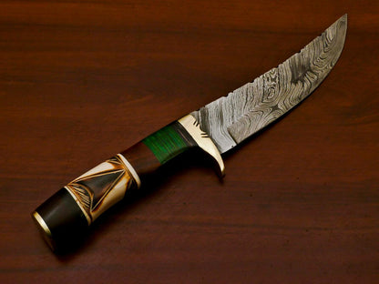 Handmade Damascus Custom Burn Camel Bone & Pakka Wood Bowie Hunting Knife – 12" Hunting Knife