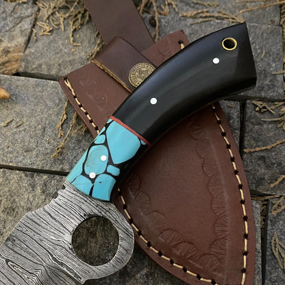 Heritage Forge 9 Inch Custom Damascus Steel EDC Hunting Knife with Horn and Resin Handle