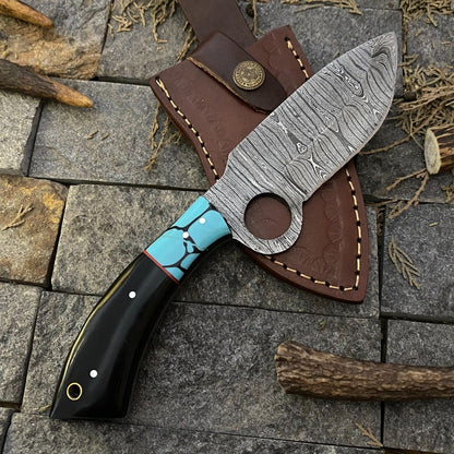Heritage Forge 9 Inch Custom Damascus Steel EDC Hunting Knife with Horn and Resin Handle