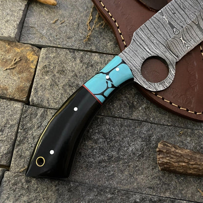 Heritage Forge 9 Inch Custom Damascus Steel EDC Hunting Knife with Horn and Resin Handle