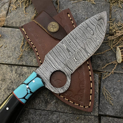 Heritage Forge 9 Inch Custom Damascus Steel EDC Hunting Knife with Horn and Resin Handle