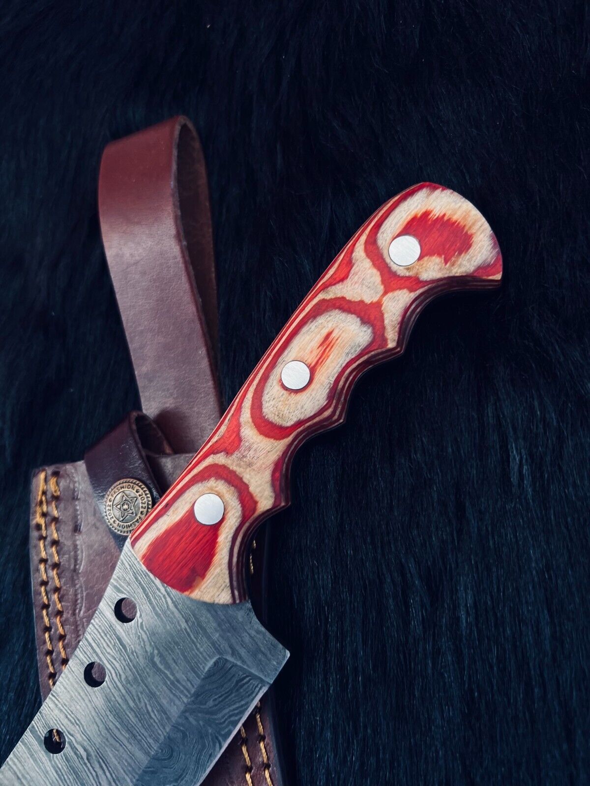 Heritage Forge 8.5 Inch Damascus Steel Tanto Cleaver Knife with Camel Bone and Wood Handle