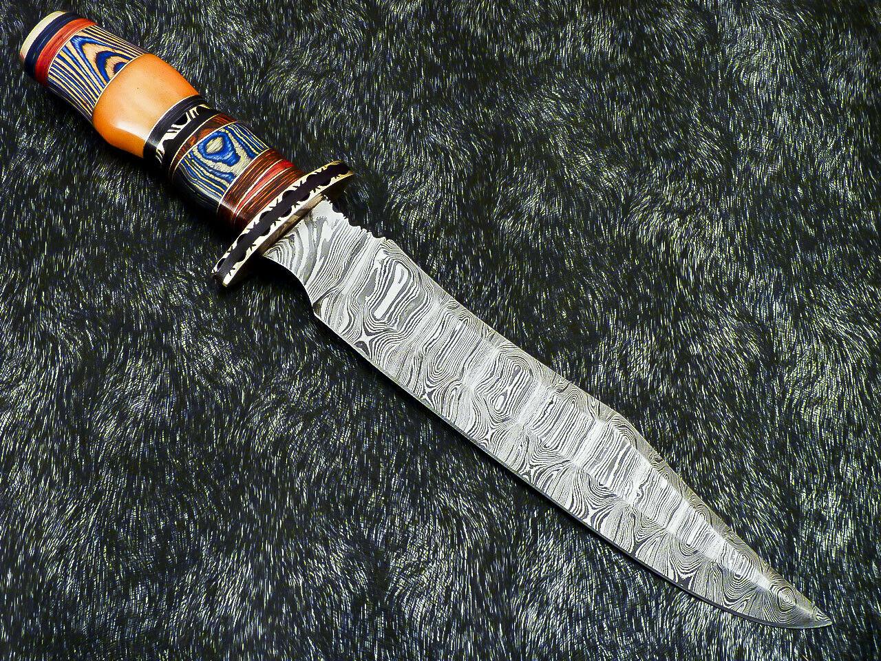 16” Handmade Damascus Bowie Knife | Hardwood Handle & Leather Sheath