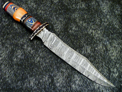 16” Handmade Damascus Bowie Knife | Hardwood Handle & Leather Sheath