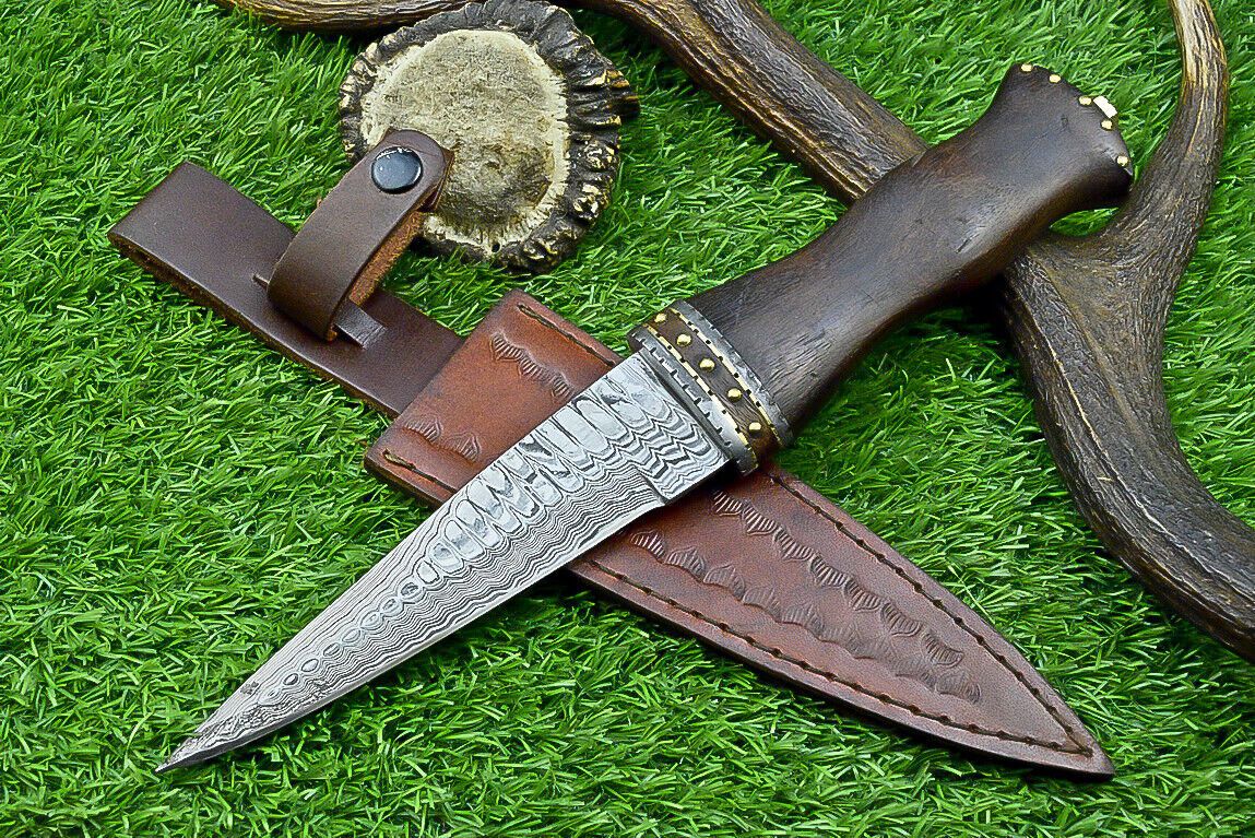 12 Inch Handmade Damascus Steel Dagger Knife with Natural Wood Handle and Sheath for Hunting and Camping