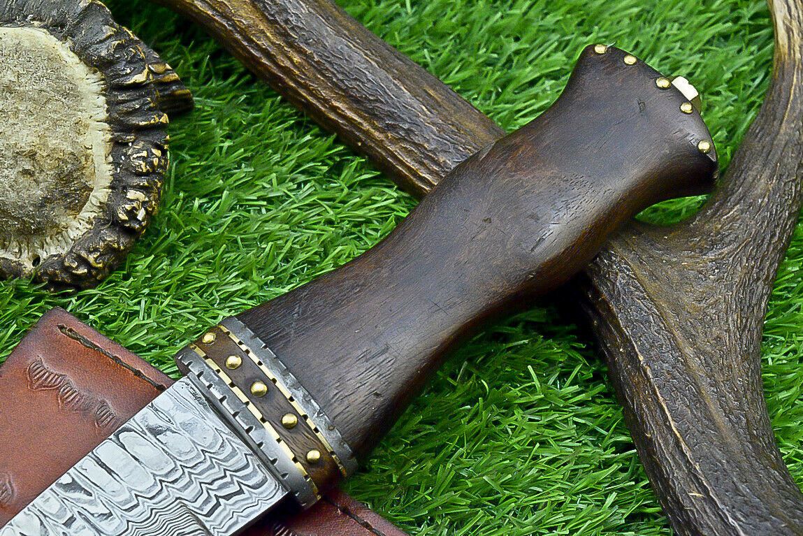 12 Inch Handmade Damascus Steel Dagger Knife with Natural Wood Handle and Sheath for Hunting and Camping